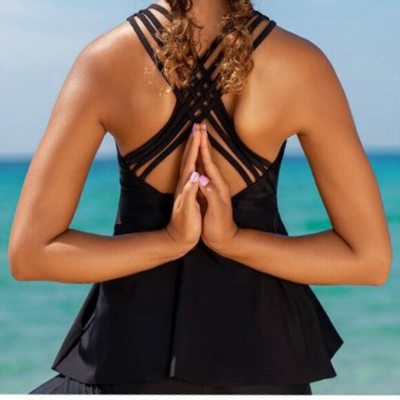 NWT Black Tankini Swimsuit Cross Back Flowy Swim Top - Modest Coverage -Size 14 - Picture 9 of 10